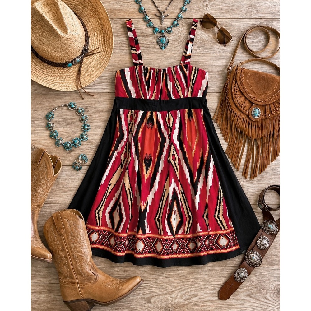 Y2K Southwestern Sundress Women 4 Boho Western Cowgirl Festival Fit Flare